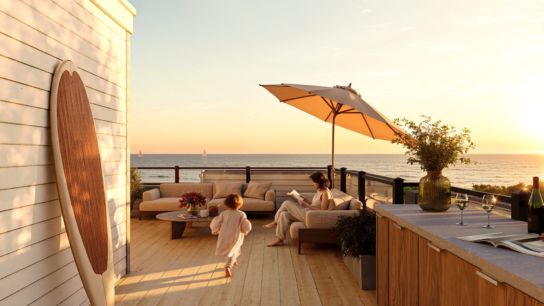 Private rooftop terrace at sunset, looking toward Lake Ontario, artist’s concept